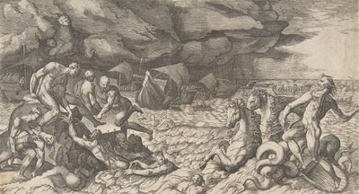 Netuno acalmando a Tempest Aeolus levantada contra a Frota de Aeneas, 1531-76. de Giulio Bonasone