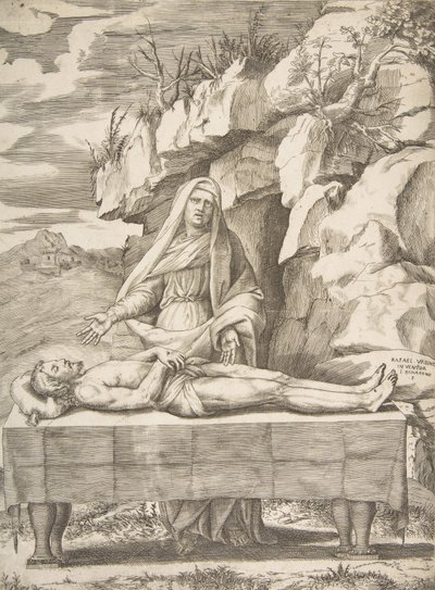 Pietà, Cristo estendido sobre uma mesa numa paisagem, a Virgem de pé atrás dos braços..., 1531-76. de Giulio Bonasone