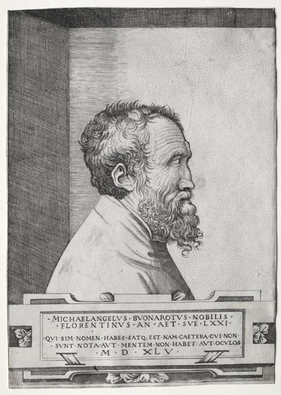 Retrato de Michelangelo de perfil virado para a direita de Giulio Bonasone