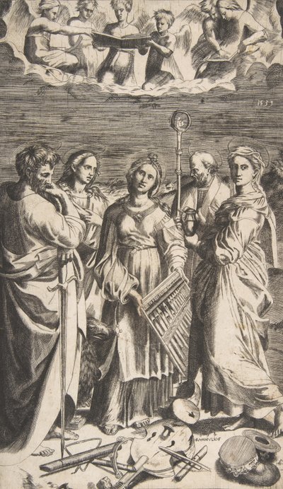 Santa Cecília em pé no centro acompanhada por São Paulo, Madalena, São João..., 1531. de Giulio Bonasone
