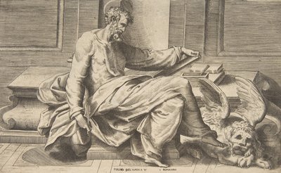 São Marcos escrevendo seu evangelho, leão alado à direita, 1531-76. de Giulio Bonasone
