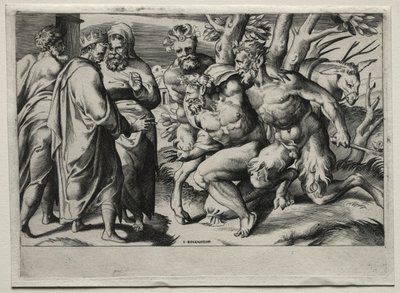 Silenus e rei Midas, meados do século XVI. de Giulio Bonasone