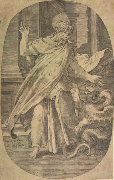 São Paulo vencendo a víbora, dentro de um cenário arquitetônico, uma composição oval, ca. 1540-70. de Giulio Bonasone