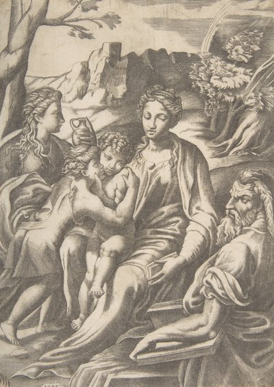 A Sagrada Família com Maria Madalena e João Batista que abraça Cristo, 1543. de Giulio Bonasone