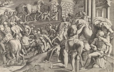 Os troianos transportando o cavalo de madeira para Tróia, 1545. de Giulio Bonasone