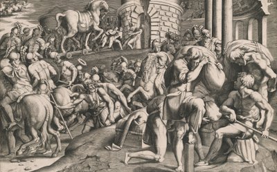 Os troianos puxando o cavalo de madeira para a cidade, 1545. de Giulio Bonasone