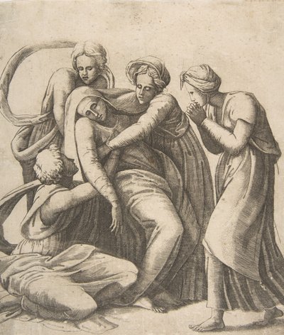 A Virgem desmaiada e apoiada nos braços das santas mulheres, 1531-76. de Giulio Bonasone