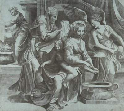 A Virgem lavando o Menino Jesus acompanhada de figuras e um anjo à direita, ..., ca. 1550-60. de Giulio Bonasone