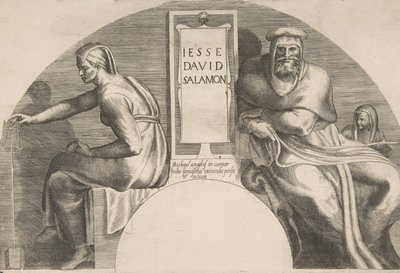 Os ancestrais de Cristo flanqueando uma tabuinha inscrita, uma composição de topo em arco, 1531-76. de Giulio Bonasone
