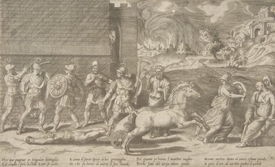 O combate de Heitor e Aquiles, e Aquiles arrastando o corpo de Heitor pelo ..., 1531-76. de Giulio Bonasone