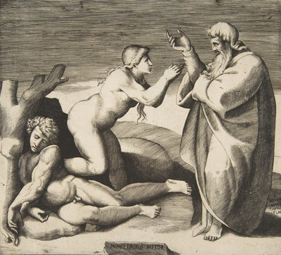 A criação de Eva que emerge por trás de Adão, ca. 1530-70. de Giulio Bonasone