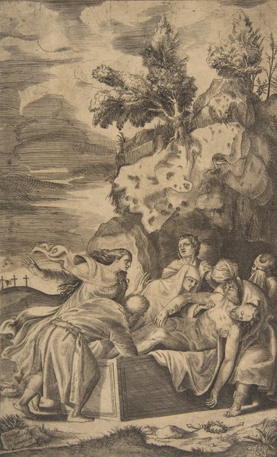 O sepultamento de Cristo, as cruzes do Calvário visíveis no fundo esquerdo, 1563. de Giulio Bonasone