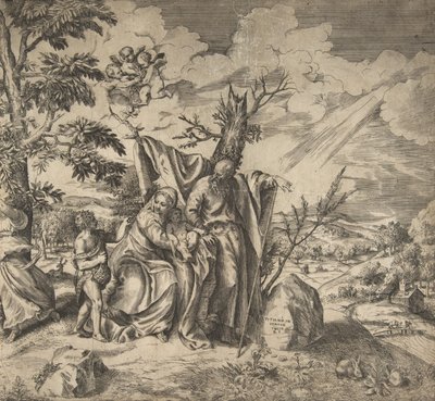O resto da Sagrada Família em sua fuga para o Egito, 1531-76. de Giulio Bonasone