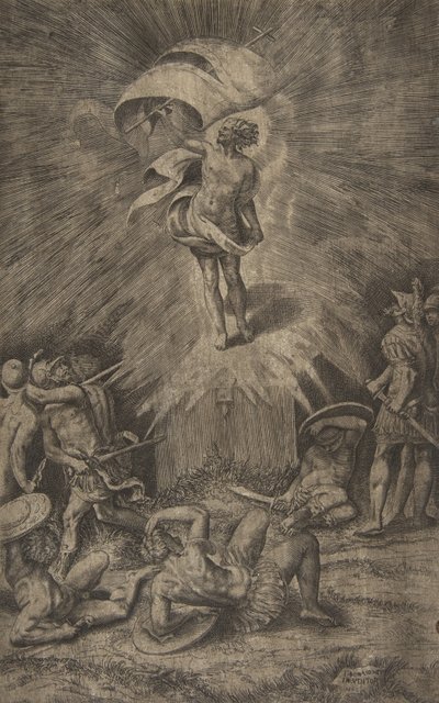 A ressurreição de Cristo, segurando uma bandeira na mão direita, soldados cercando o t..., 1561. de Giulio Bonasone