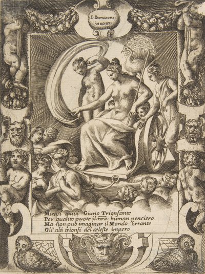 O triunfo de Juno que está sentado em uma carruagem, dentro de uma moldura elaborada, do 