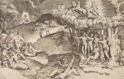 O triunfo do amor, cupido em uma carruagem puxada por unicórnio está no canto superior direito, nu..., 1545. de Giulio Bonasone
