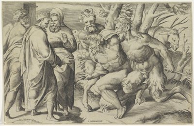 Dois sátiros trazem Silenus ao Rei Midas de Giulio Bonasone