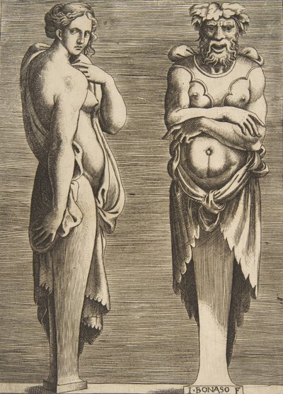Dois Termos, uma Ninfa à esquerda Silvanus à direita, ca. 1530-50. de Giulio Bonasone