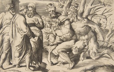Dois sátiros trazendo Silenus King Midas à esquerda, 1531-76. de Giulio Bonasone