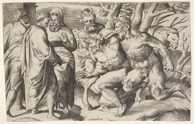 Dois sátiros levando Silenus ao rei Midas, que fica à esquerda com dois homens assistentes ..., ca. 1550-80. de Giulio Bonasone