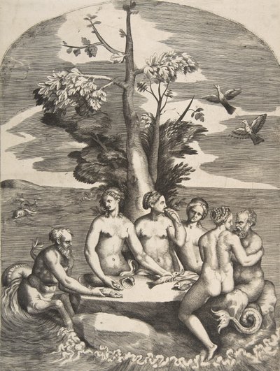 Dois deuses do mar acompanhados por quatro ninfas, 1531-76. de Giulio Bonasone