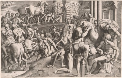 Os troianos transportando o cavalo de madeira para Tróia de Giulio Bonasone, after Francesco Primaticcio