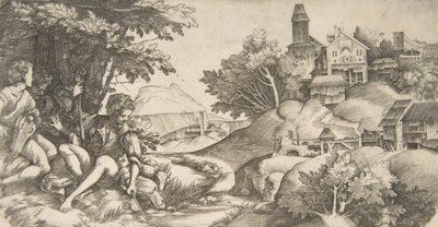 À esquerda quatro pastores com instrumentos musicais sentados sob um grupo de árvores..., ca. 1517 de Giulio Campagnola