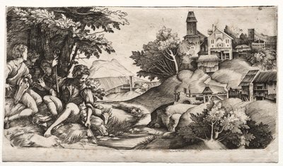 Pastores em uma paisagem de Giulio Campagnola