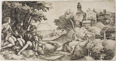 Pastores em uma paisagem de Giulio Campagnola