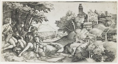 Pastores em uma paisagem, c. 1517-1518 de Giulio Campagnola