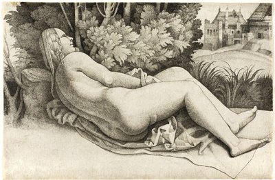 Mulher reclinada em uma paisagem de Giulio Campagnola