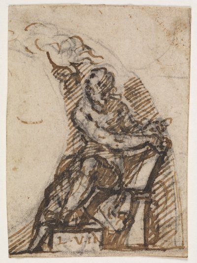 Homem sentado com mesa de escrita (?). Detalhe da arquitetura de Giulio Campi