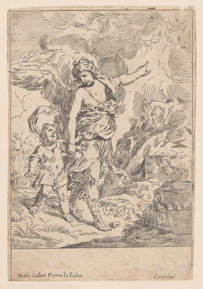 Um anjo da guarda andando de mãos dadas com uma criança, 1640-60. de Giulio Carpioni