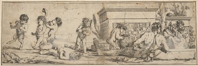 Bacanal com sátiros infantis e putti à esquerda, uma figura masculina nua reclinada na frente..., 1633-78. de Giulio Carpioni
