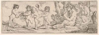 Bacanal com sátiro tocando alaúde e cercado por quatro figuras, que olham para um s..., 1640-60. de Giulio Carpioni