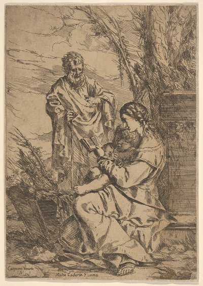 Sagrada Família com a Virgem lendo, a Virgem está de perfil com um livro à sua esquerda ..., 1640-60. de Giulio Carpioni