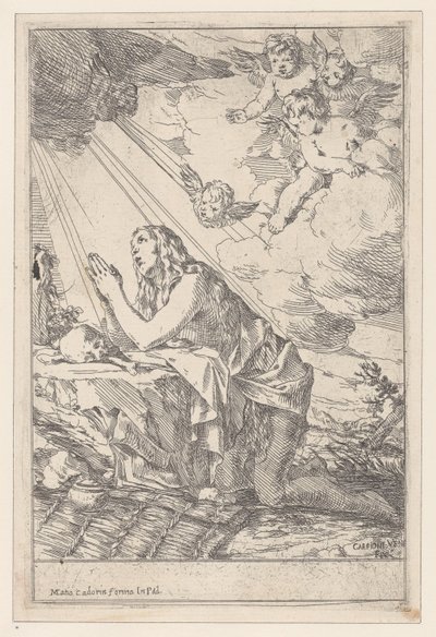 A penitente Santa Maria Madalena, ajoelhada diante de uma caveira e ossos, 1640-60. de Giulio Carpioni