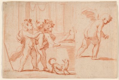 Dois Putti carregando um terceiro Putto; outro Putto da retaguarda de Giulio Carpioni