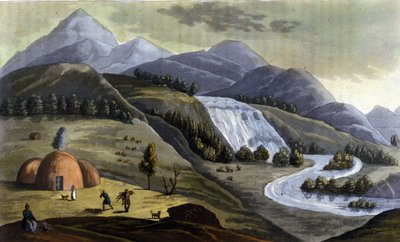 Paisagem da Lapónia (territórios pertencentes à Noruega, Suécia, Finlândia e Rússia), habitações dos indígenas (Sami) em "The old and modern costume" de Ferrario, ed. Milão de Giulio Ferrario