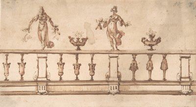 Desenho para balaustrada com figuras femininas e urnas, sécs. XVI-XVII. de Giulio Parigi