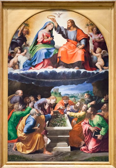 Coroação da Virgem, ou Madonna de Monteluce, c.1525 (óleo sobre madeira) de Giulio & Penni Giovanni Francesco (il Fattore) (c.1488 1528) Romano