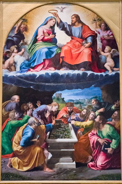 Coroação da Virgem, "Madonna de Monteluce" 1505-25 (óleo sobre madeira) de Giulio & Penni Giovanni Francesco (il Fattore) (c.1488 1528) Romano