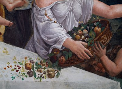 Uma cesta de frutas e flores, detalhe do banquete rústico celebrando o casamento de Cupido e Psique da Sala di Amore e Psiche, 1528 detalhe afresco de 78427 de Giulio Romano