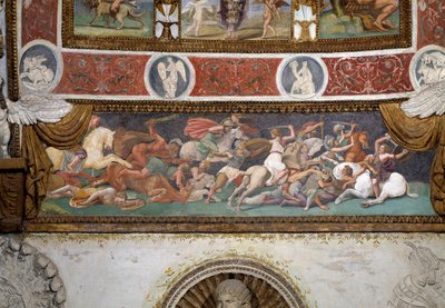 Câmara delle Aquile, detalhe do friso representando a batalha entre os gregos e as Amazonas, 1528 afresco de Giulio Romano