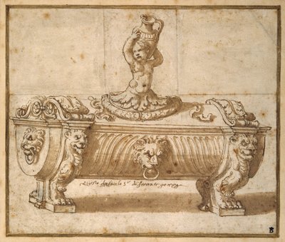Design para uma caixa de carne doce (caneta e tinta castanha com lavagem em papel) de Giulio Romano