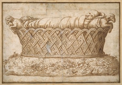 Design para o túmulo de uma criança (caneta e tinta marrom com lavagem marrom sobre papel) de Giulio Romano