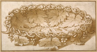 Desenho para uma fruteira oval, com gavinhas, folhas e uvas (caneta e tinta castanha com lavagem castanha no papel) de Giulio Romano