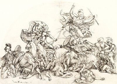 Diomedes, ferido por Pandarus, é consolado por Pallas Athene de Giulio Romano