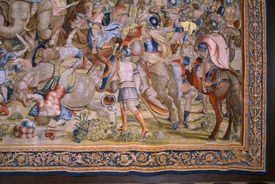 tapeçaria flamenga. Série Os Atos de Cipião: A Batalha de Zama. O cartunista Giulio Romano. Atelier de Balthasar van Vlierden (?), Bruxelas. 1523-1532. Detalhe. de Giulio Romano