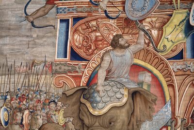 tapeçaria flamenga. Série Os Atos de Cipião. A batalha em Zama. O cartunista Giulio Romano. Atelier de Balthasar van Vlierden (?), Bruxelas. 1523-1532. Detalhe. de Giulio Romano